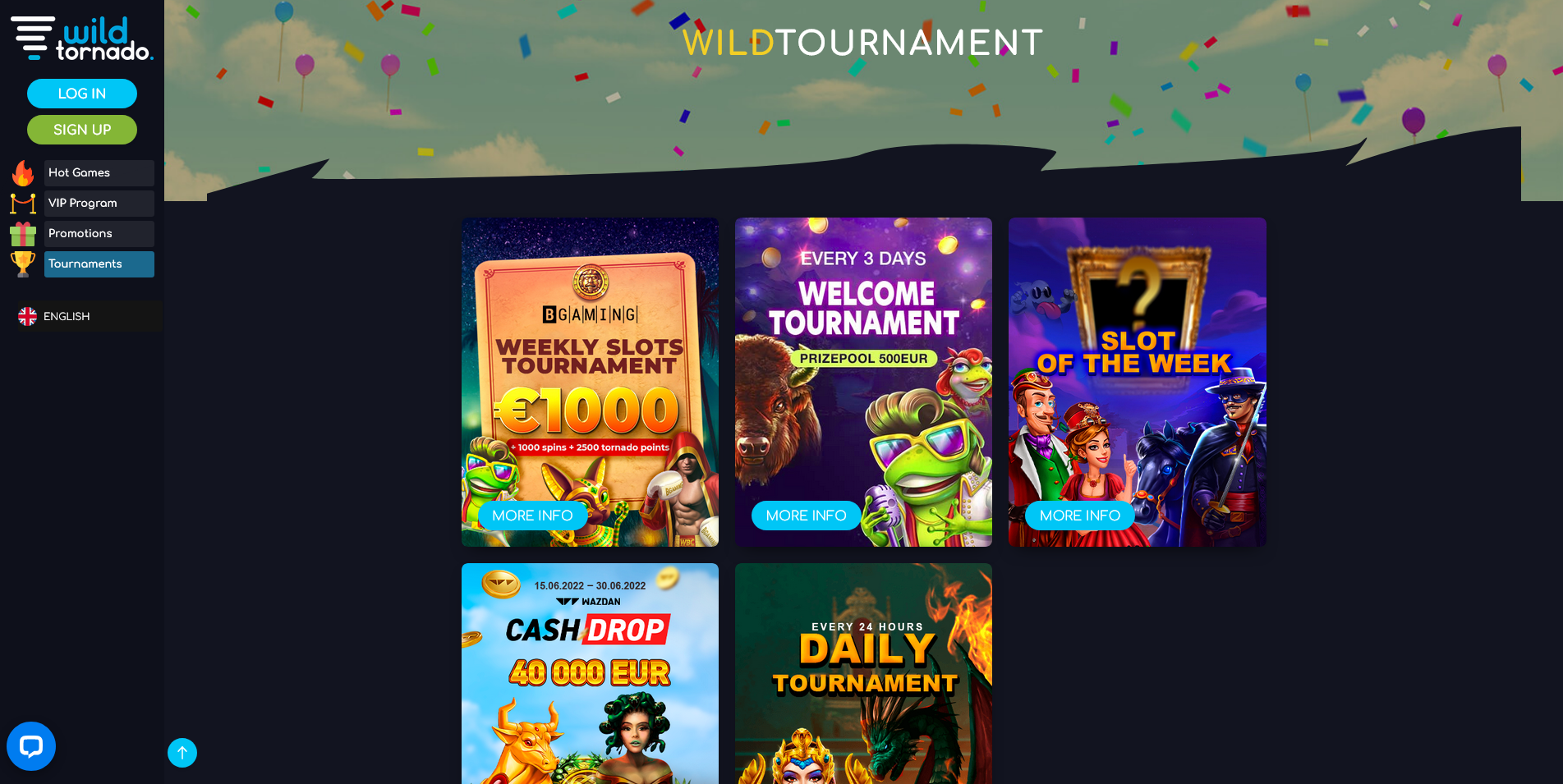 Screenshot of Tournaments page on Wild Tornado casino