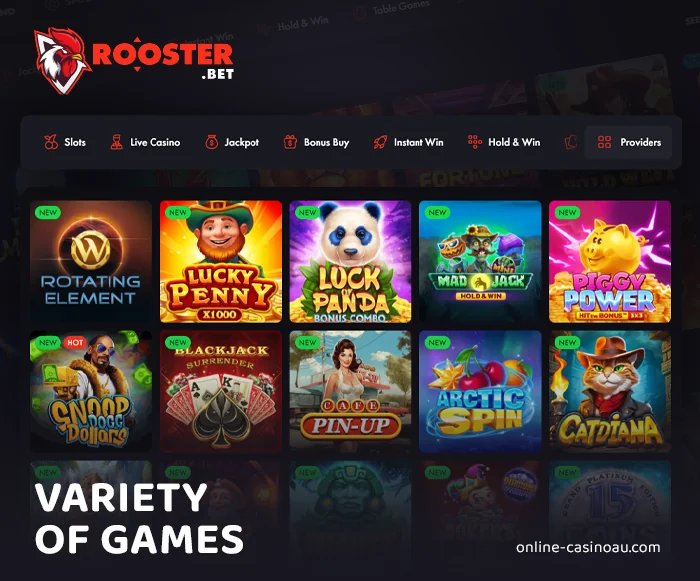 What games are available at Rooster Bet Casino - pokies, live, jackpot and more