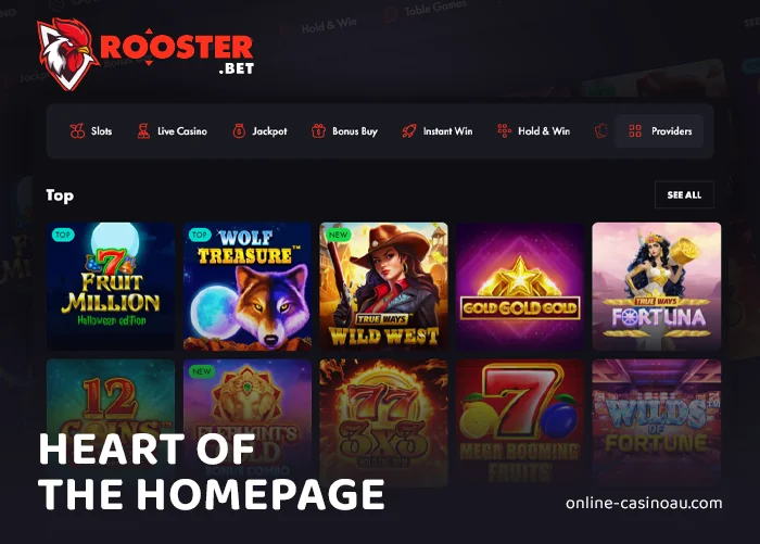 About the design of the casino section at Rooster Bet Casino