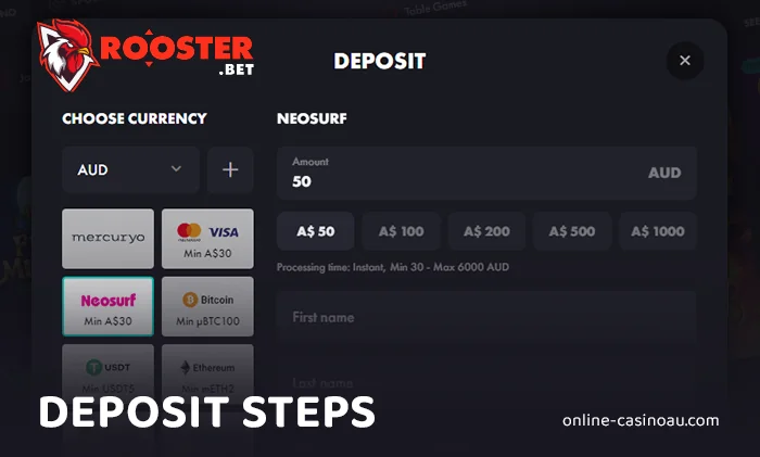 Rooster Bet Casino deposit instructions