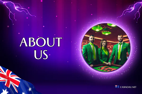 Purple background with light flares. Title: 'About us'. Image team of experts. On the left, the Australian flag. At the bottom, the logo of the website casinoau.net