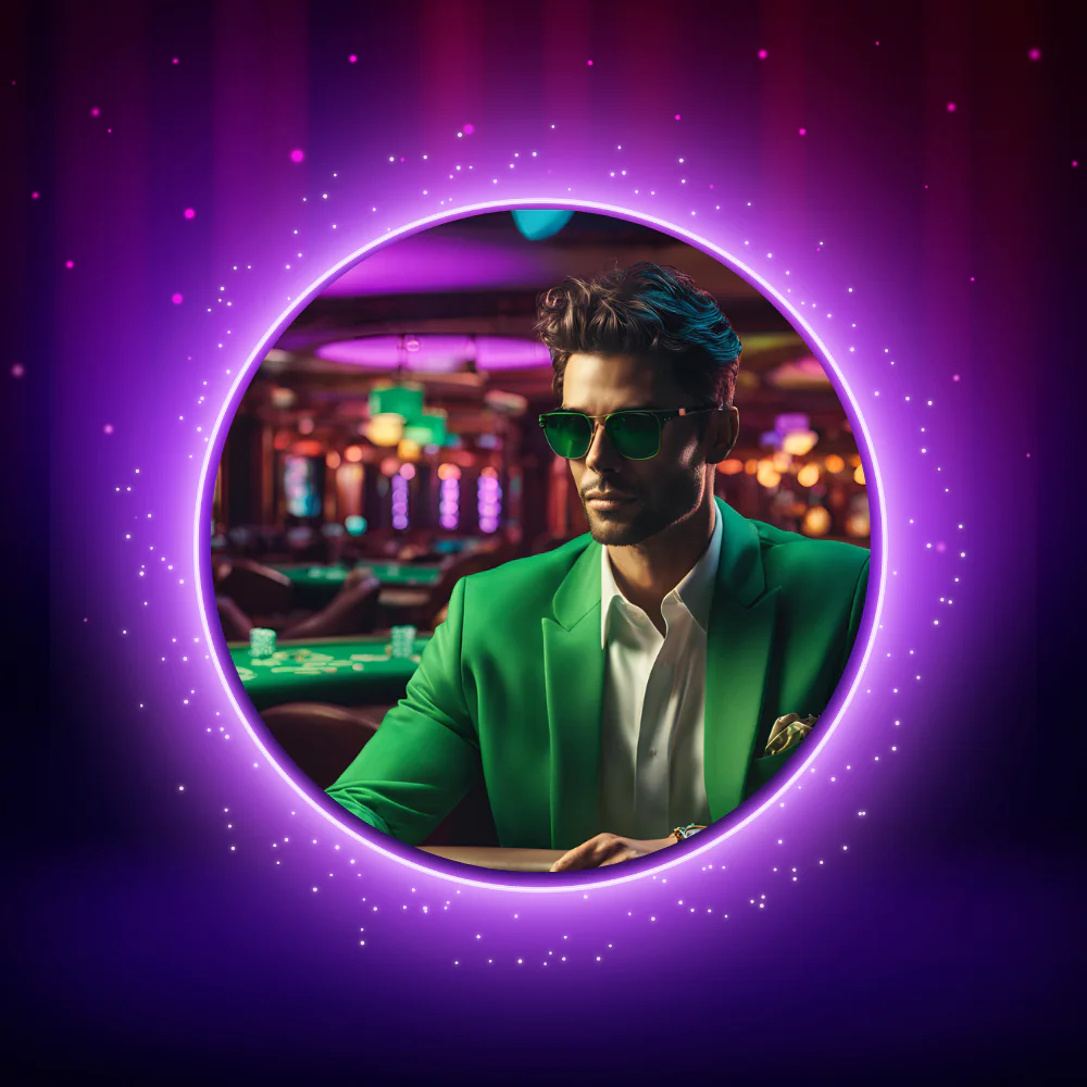 A man in a green suit and sunglasses seated at a casino table