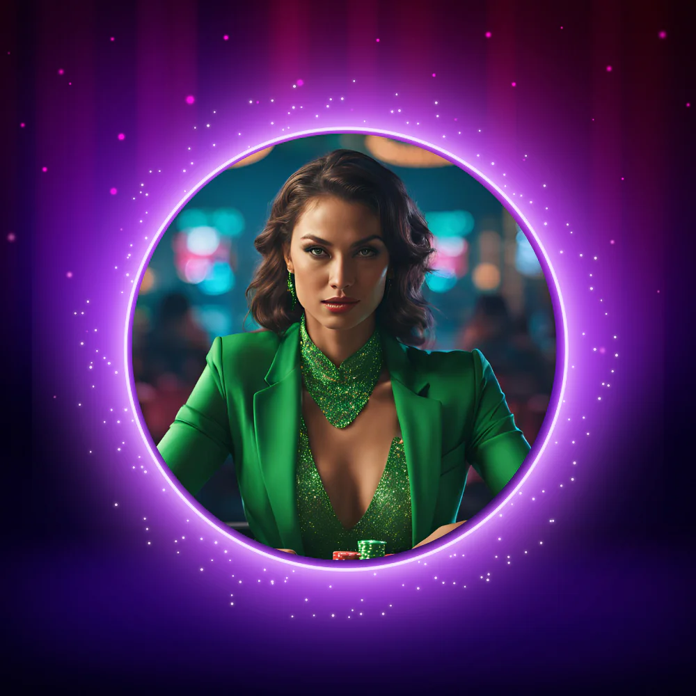 A woman in a green suit confidently playing poker at a table.