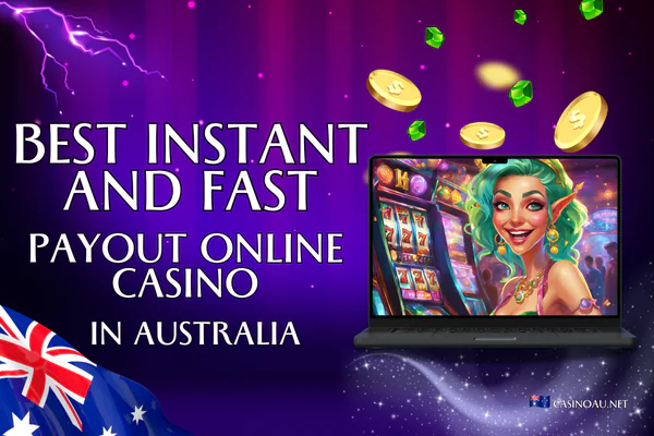 Purple background with light flares. Title: 'Best Instant and Fast Payout Online Casino in Australia'. Image of a laptop displaying a game featuring a smiling woman with green hair surrounded by slot symbols. On the left, the Australian flag; at the top, gold coins and green gems. At the bottom, the logo of the website casinoau.net