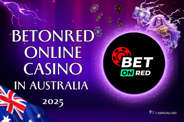 Purple background with light flares. An Australian casino showcasing a roulette table. Title: 'Betonred Online Casino in Australia 2025'. On the left, the Australian flag. At the bottom, the logo of the website casinoau.net