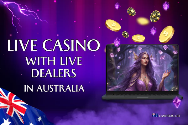 Purple background with light flares and lightning. Title: Live Casino with Live Dealers in Australia. Image of a laptop displaying a game featuring elf female surrounded by slot symbols. On the left, the Australian flag; at the top, gold coins and green gems. At the bottom, the logo of the website casinoau.net."