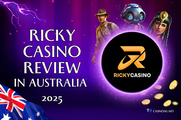 Purple background with light flares. Title: 'Ricky Casino Review in Australia 2025'. A detailed review of Rickey Casino, highlighting its features and offerings in the Australian gaming market. On the left, the Australian flag. At the bottom, the logo of the website casinoau.net