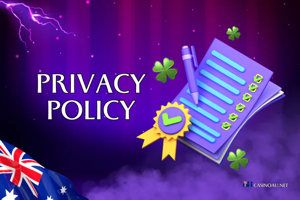 Purple background with light flares. Privacy policy document with pan and green clevers. Title: 'Privacy policy'. At the bottom, the logo of the website casinoau.net