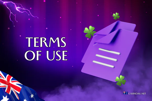 Purple background with light flares. Title: 'Terms of use'. Image document specifically tailored for Australian users, outlining rights and responsibilities. At the bottom, the logo of the website casinoau.net