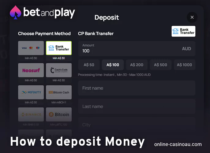 How to deposit to Bet and Play Casino and start playing
