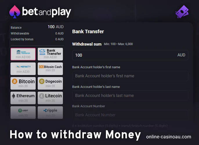 Get your winnings from Bet and Play Casino to Australian accounts - how to withdraw