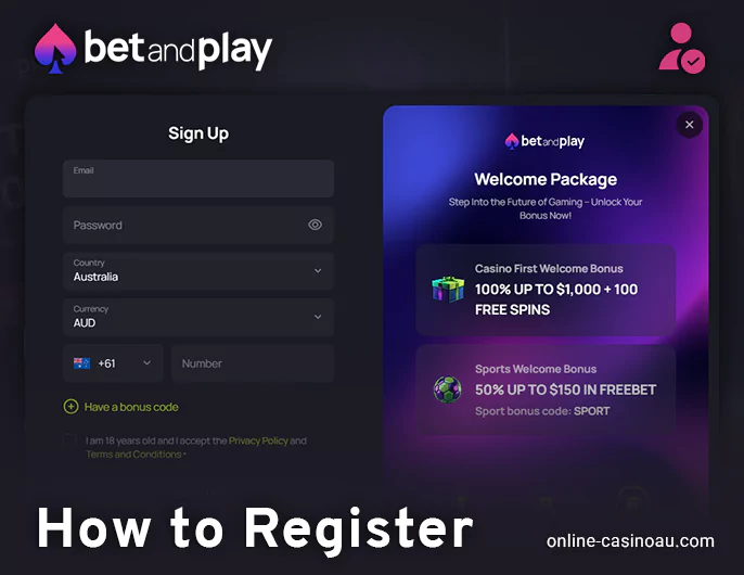 Bet and Play Casino registration form - create an account