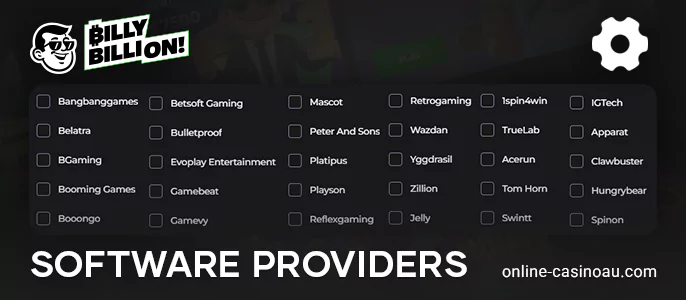 Available software providers on the Billy Billion Casino website