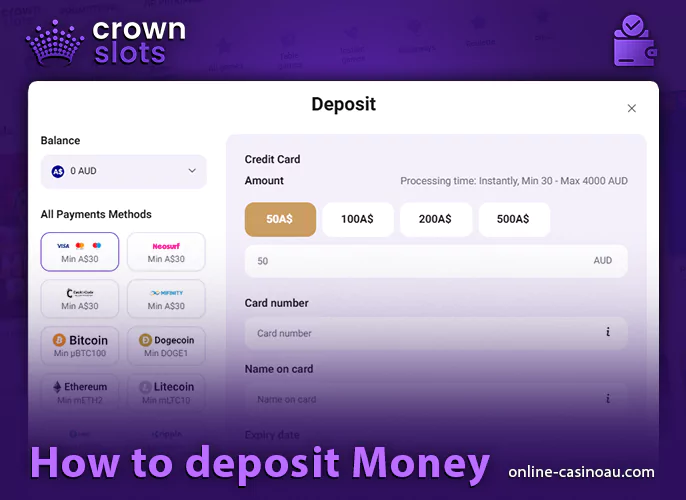 Make a deposit in AUD currency at CrownSlots casino