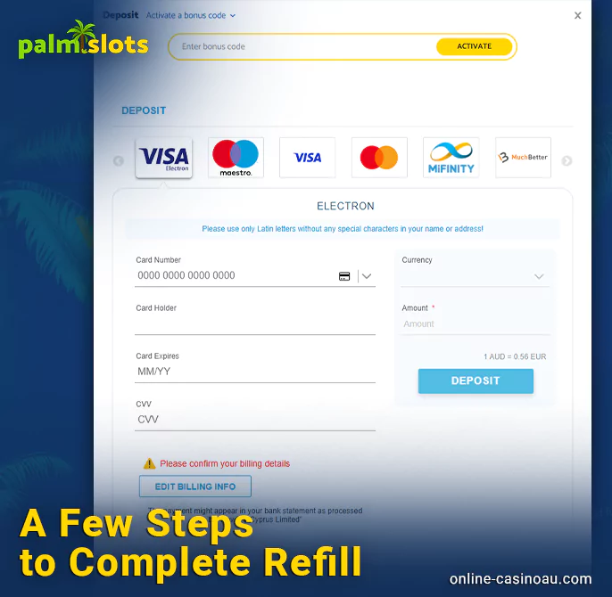Deposit process at palmslots casino Australia