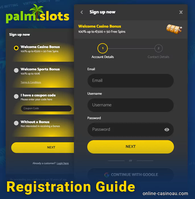 Create a new account at Palmslots Casino