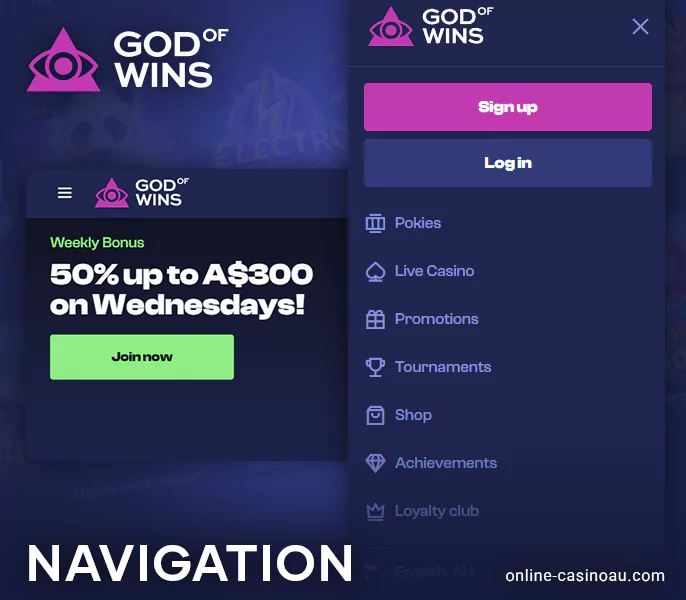 The top part of the God of Wins Casino website - main menu