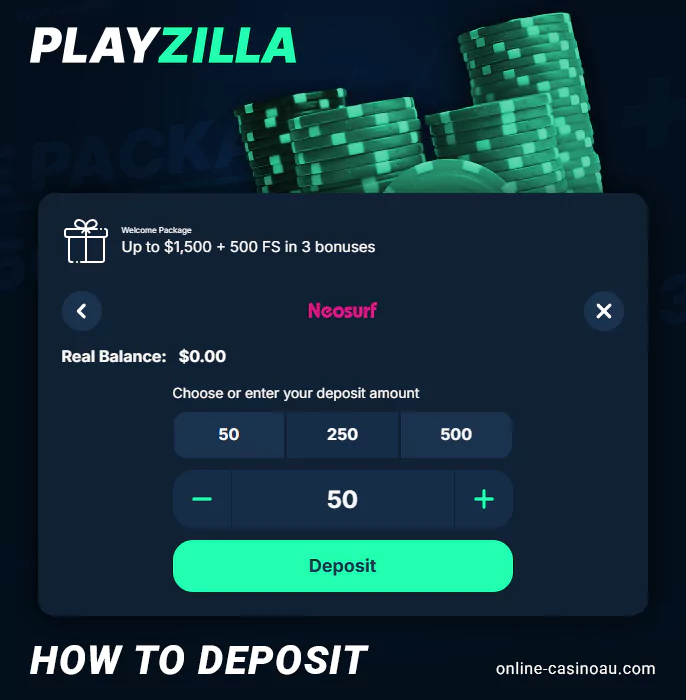 Deposit process at Playzilla online casino