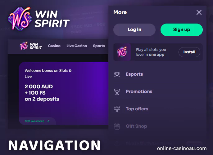 Navigation in WinSpirit Casino - top part of the website